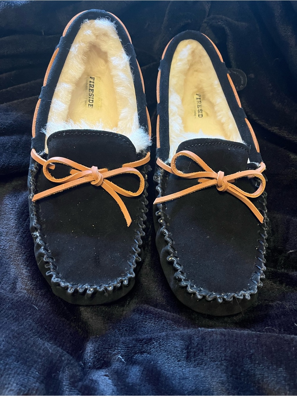 Fireside Black Suede Moccasin Slippers with Tan Bow